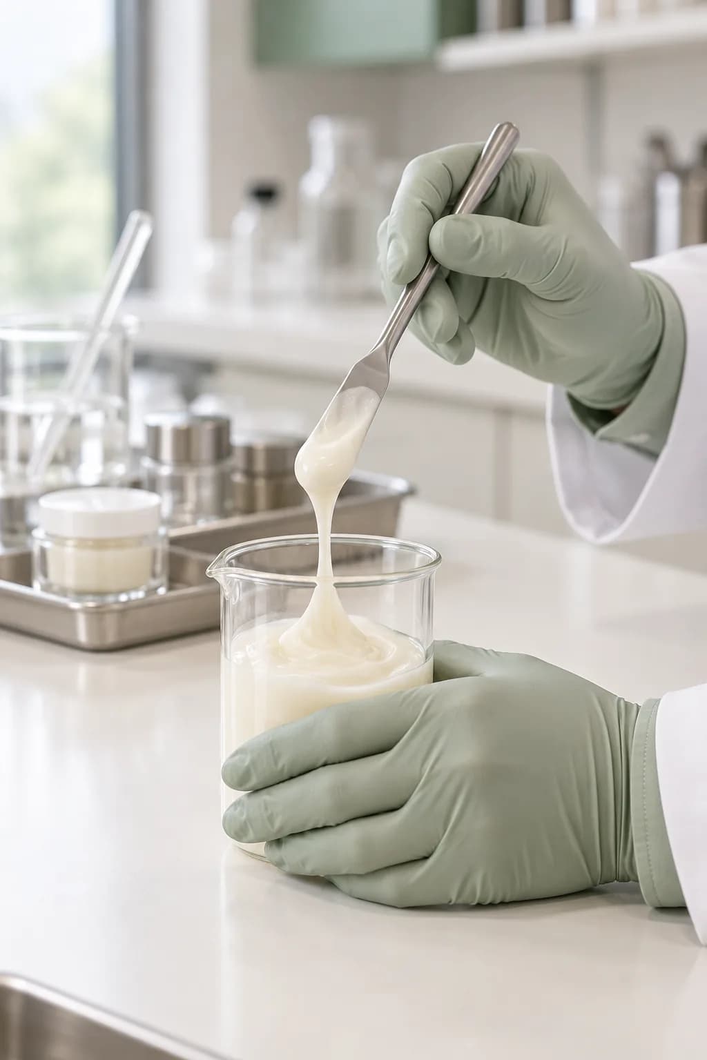 配方調製與乳霜質地的操作近照（示意圖）