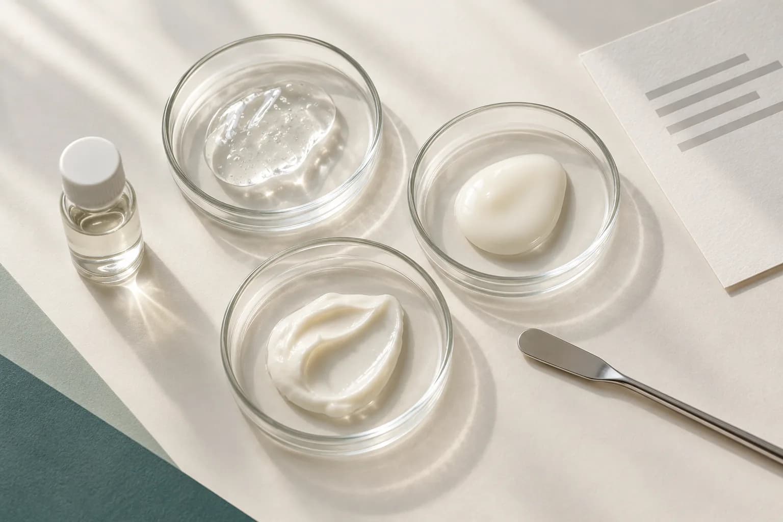 培養皿裡的凝膠與乳霜樣品，旁邊有刮勺與小瓶