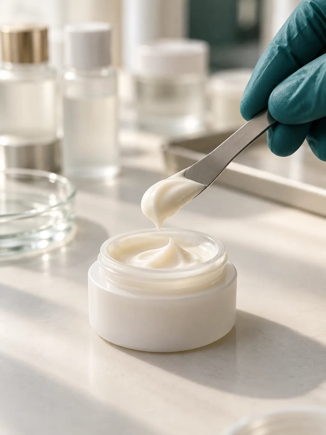 戴手套的手用刮勺取用乳霜，背景是樣品瓶